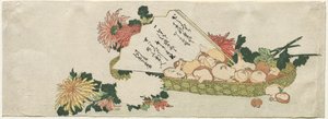 Kurv med vifte, krysantemum og sopp av Katsushika Hokusai