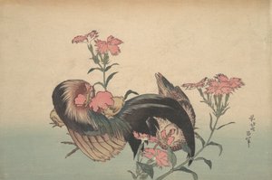 Cock, Hen og Nadeshiko Dianthus Superbus. av Katsushika Hokusai