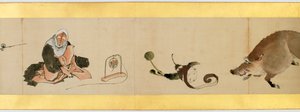 Detalj av Handscroll med diverse bilder, Edo Period, 1839 blekk og farger på papir av Katsushika Hokusai