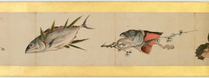 Detalj av Handscroll med diverse bilder, Edo Period, 1839 blekk og farger på papir av Katsushika Hokusai