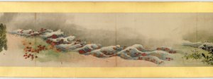 Detalj av Handscroll med diverse bilder, Edo Period, 1839 blekk og farger på papir