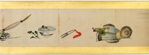 Detalj av Handscroll med diverse bilder, Edo Period, 1839 blekk og farger på papir av Katsushika Hokusai