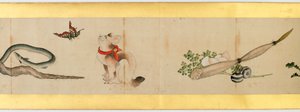 Detalj av Handscroll med diverse bilder, Edo Period, 1839 blekk og farger på papir av Katsushika Hokusai