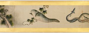 Detalj av Handscroll med diverse bilder, Edo Period, 1839 blekk og farger på papir av Katsushika Hokusai