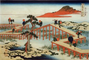 Den gamle utsikten over Yatsuhashi-broen i Mikawa-provinsen av Katsushika Hokusai