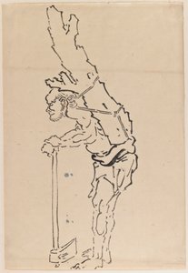 Tegning av en mann som hviler på en øks og bærer en del av en trestamme på ryggen (blekk på papir) av Katsushika Hokusai