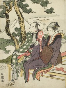 Evening Glow for Date no Yosaku og Seki no Koman, fra serien uten tittel kjent som Eight Views of Tragic Lovers av Katsushika Hokusai