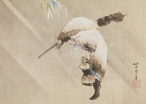 Fisker som bærer garnet sitt i snøen, ca. 1821 (blekk, farge og gofun på papir) av Katsushika Hokusai