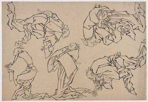 Fem musikere som spiller trommer, sent på 1700-tallet - begynnelsen av 1800-tallet. av Katsushika Hokusai