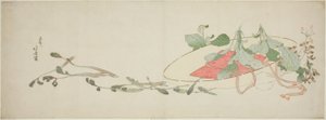 Blomster og vårgrønt i hatt av Katsushika Hokusai