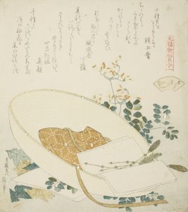 Nyplukkede blomster i en reisendes hatt, illustrasjon for The Thousand-grasses Shell av Katsushika Hokusai