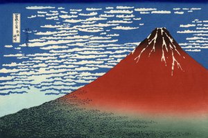 Fuji, Fjell i klart vær, fra "36 Views of Mount Fuji", pub. 1831 av Katsushika Hokusai