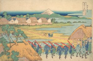 Fuji sett i avstanden fra Senju Pleasure Quarter Senju kagai yori chobo no Fu..., ca. 1830-32. av Katsushika Hokusai