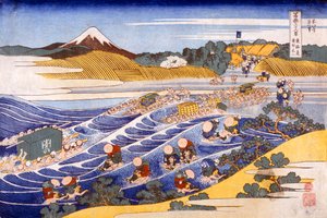 Fuji fra Ford at Kanaya (farget treblokktrykk) av Katsushika Hokusai