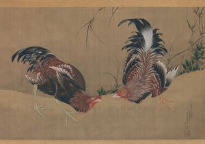 Gamecocks, datert 1838. av Katsushika Hokusai