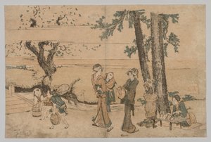 Gruppe av figurer nær en bekk av Katsushika Hokusai