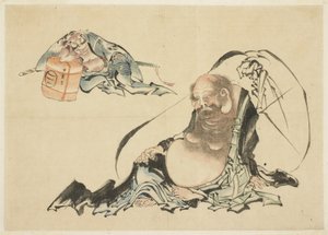 Hotei og Asahina Saburo Reclining (to skisser) av Katsushika Hokusai