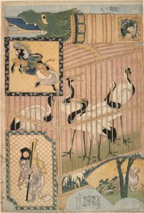 Japanese Cage and Manchurian Cranes, fra et sett Reklame Giant Straw Works in a Fair Attraction av Katsushika Hokusai