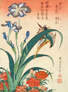 Kingfisher, Iris og Pinks, pub. av Nishimura Eijudo, ca. 1832, ett av et sett med ti trykk, (chuban-størrelse, treblokk i farger) av Katsushika Hokusai