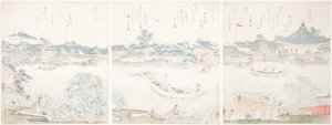 Komagata Hall og O-umaya River Bank, fra serien "A Selection of Horses (Uma zukushi)" av Katsushika Hokusai