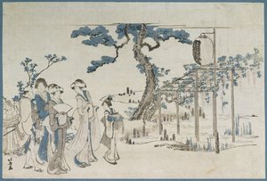 Damer på besøk i Wisteria Gardens på Kameido (treblokktrykk) av Katsushika Hokusai