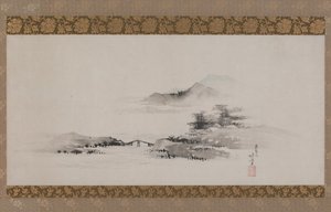 Landskap, Edo-periode, ca. 1801-02 (blekk og farge på papir montert som hengende rulle) av Katsushika Hokusai