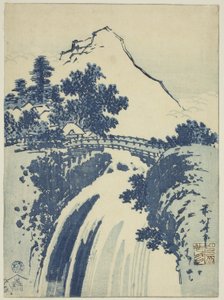Landskap med foss, fra en serie med tjubantrykk uten tittel av Katsushika Hokusai