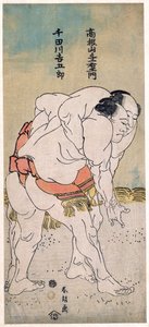 Les lutteurs sumo Takaneyama Yoichiemon og Sendagawa Kichigoro --Sumobryterne Takaneyama Yoichiemon og Sendagawa Kichigoro par Hokusai, Katsushika (1760-1849). Fargetresnitt, størrelse: 30,6x12,9, ca 1792, privat samling av Katsushika Hokusai