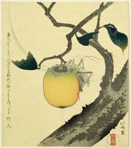 Måne, persimmon og gresshoppe, 1807 (fargetresnitt) av Katsushika Hokusai