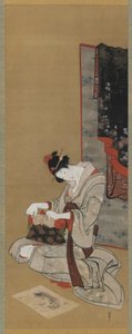 Egendefinert nyttår: Sminke på nyttårsmorgen, Edo-perioden, ca. 1806-11 (blekk og farge på silke) av Katsushika Hokusai