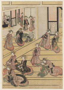 Nyttårsdager på tehuset Ogi-ya. ca. 1810 (treblokktrykk i farger) (for sett se 277795-277797) av Katsushika Hokusai