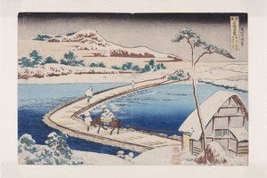 Gammel utsikt over pontongbroen ved Sano i K?zuke-provinsen (K?zuke Sano funabashi no kozu) (treblokktrykk i farger) av Katsushika Hokusai