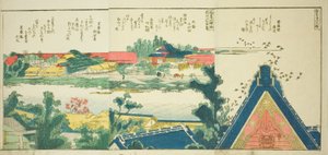 Sider fra den illustrerte boken "Panoramisk utsikt langs bredden av Sumida-elven (Ehon Sumidagawa ryogan ichiran)" av Katsushika Hokusai