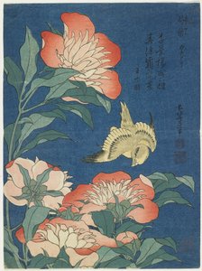 Peoner og kanarifugler, ca. 1833 av Katsushika Hokusai