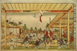 Perspektivbilde av nattangrepet av de 47 lojale vasallene av Katsushika Hokusai