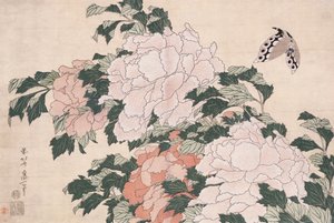 Rosa og røde peoner blåst til venstre i en bris og en sommerfugl av Katsushika Hokusai