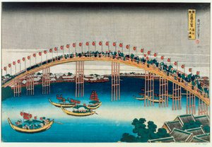 Prosesjon over en bro (treblokktrykk i farger) av Katsushika Hokusai