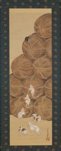 Rotter og risballer, Edo-perioden, 1843 (blekk og farge på silke) av Katsushika Hokusai