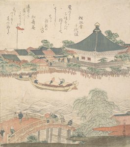Elvescene med bro i forgrunnen, ca. 1810. av Katsushika Hokusai