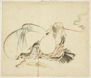 Sittende Hotei Smoking a Pipe, ca. 1815-1849 (blekk og farge på papir) av Katsushika Hokusai