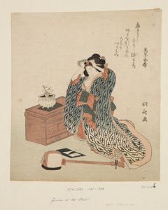 Shamisen Player justerer håret hennes (farget treblokktrykk) av Katsushika Hokusai