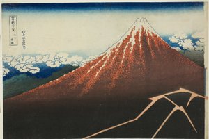 Shower Below the Summit (Sanka hakuu), fra serien "Thirty-Six Views of Mount Fuji (Fugaku sanjurokkei)" av Katsushika Hokusai