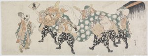 Seks mannlige guder som utfører løvedansen, 1797-1819 (treblokktrykk i farger) av Katsushika Hokusai