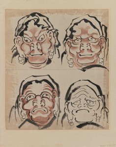 Skisse av fire ansikter (blekk på papir) av Katsushika Hokusai