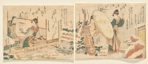 Snowy Morning: To kvinner går i en snødekt hage i snøgeta med en paraply; L: Ung kvinne spiller koto og ser på moren sin av Katsushika Hokusai