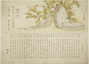 Spurver på kvernsteiner med hagibusker av Katsushika Hokusai