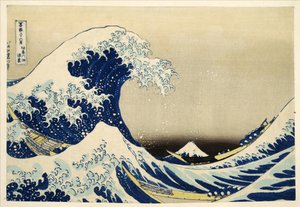 The Great Wave off Kanagawa fra fra serien 36 Views of Mt. Fuji; 1831 (håndfarget treblokktrykk)