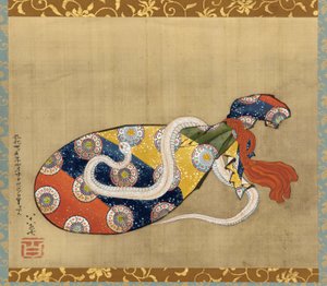 The Lute and White Snake of Benten, Edo-perioden, 1847 (blekk og farge på silke) av Katsushika Hokusai