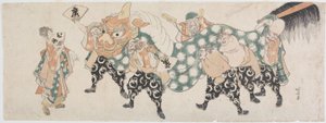 De syv lykkegudene i en løvedans av Katsushika Hokusai
