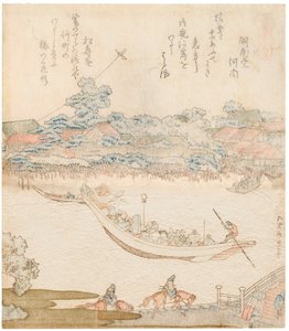 Bredden av Sumida-elven, Komatomeishi. Triptyk fra serien Umazukushi, Sentral del, 1822 av Katsushika Hokusai